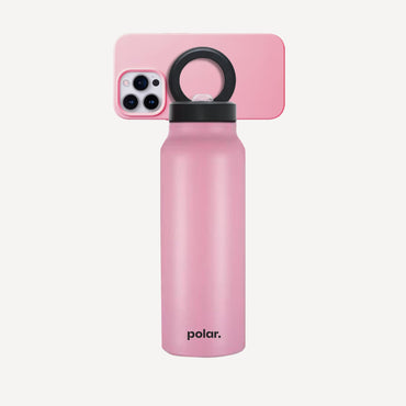 Bloom magnetic water bottle with phone mount used for hands-free video calls and content creation
