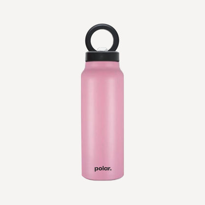 Pink insulated magnetic water bottle with built-in phone holder for everyday hands-free use