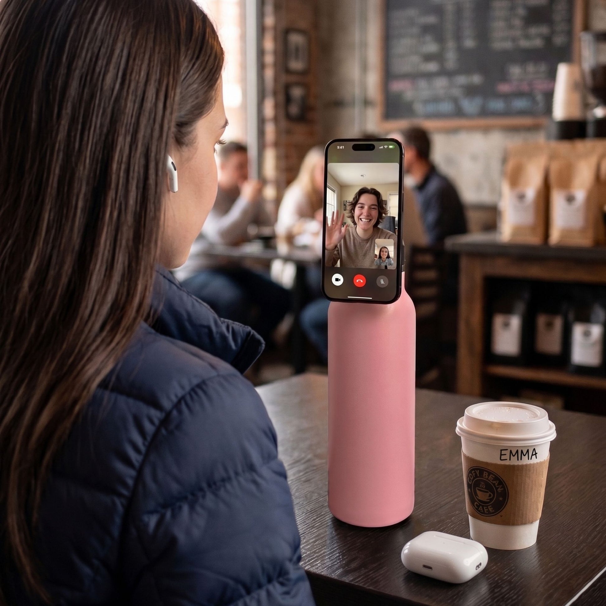 Bloom magnetic water bottle with phone holder used for hands-free filming during coffee or daily routine