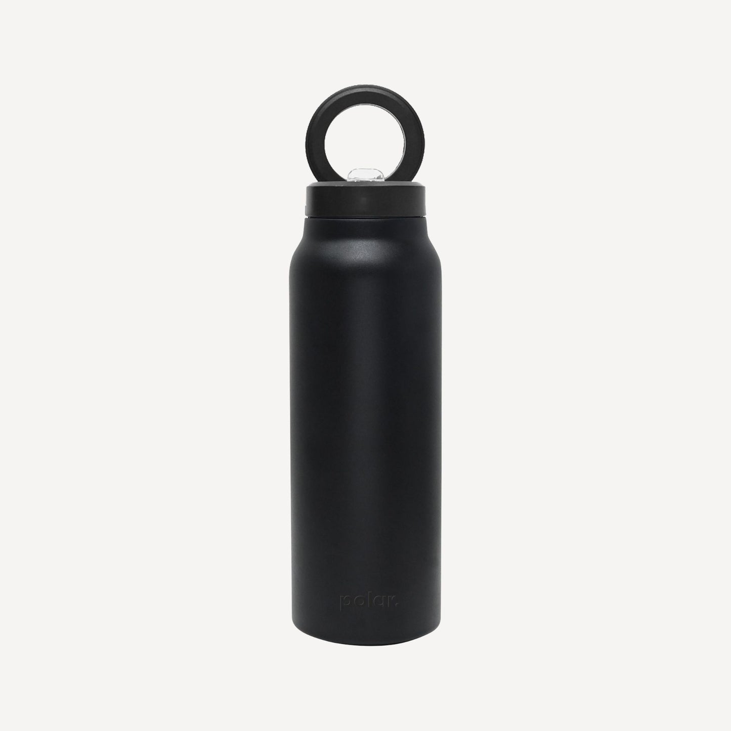 Black insulated magnetic water bottle with built-in phone holder for hands-free use
