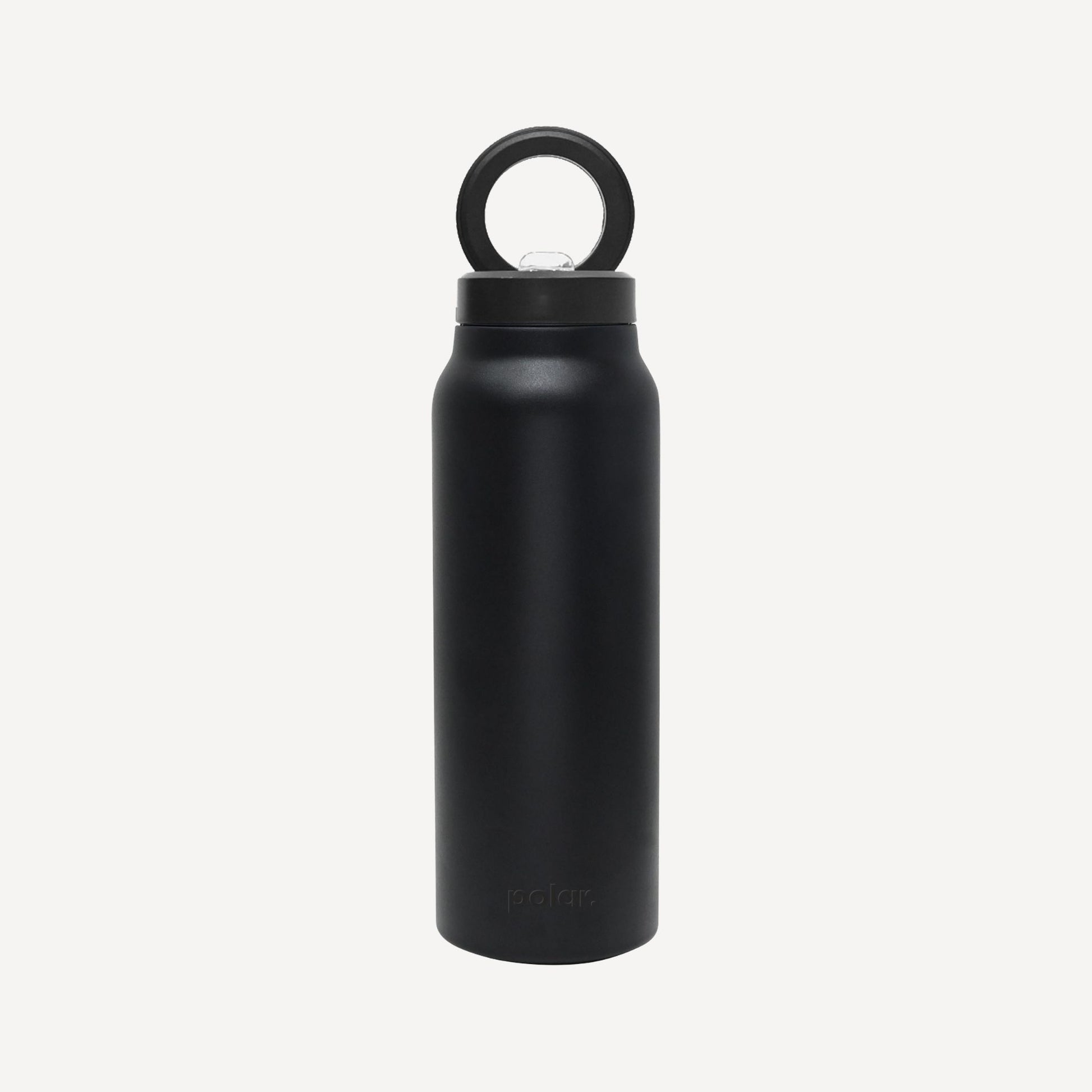 Black insulated magnetic water bottle with built-in phone holder for hands-free use
