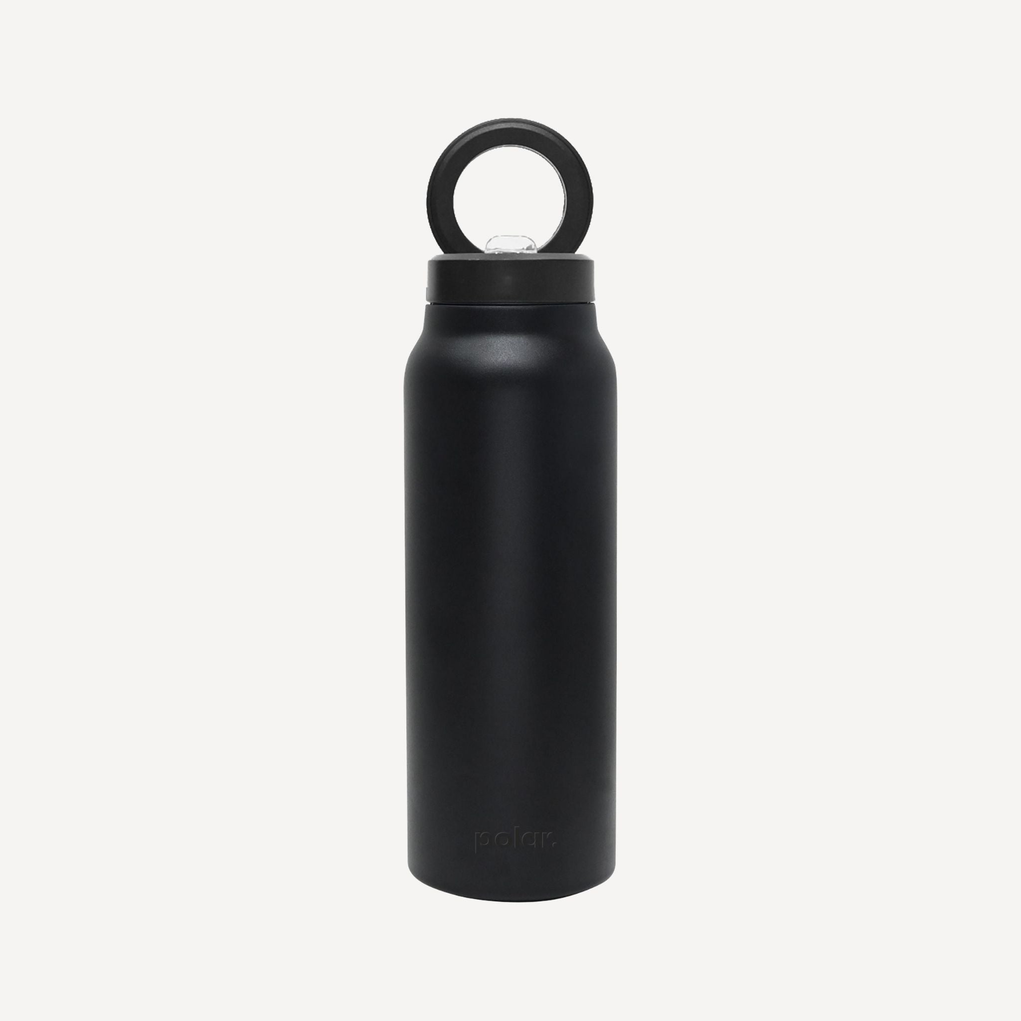 Black insulated magnetic water bottle with built-in phone holder for hands-free use