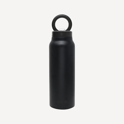 Black insulated magnetic water bottle with built-in phone holder for hands-free use