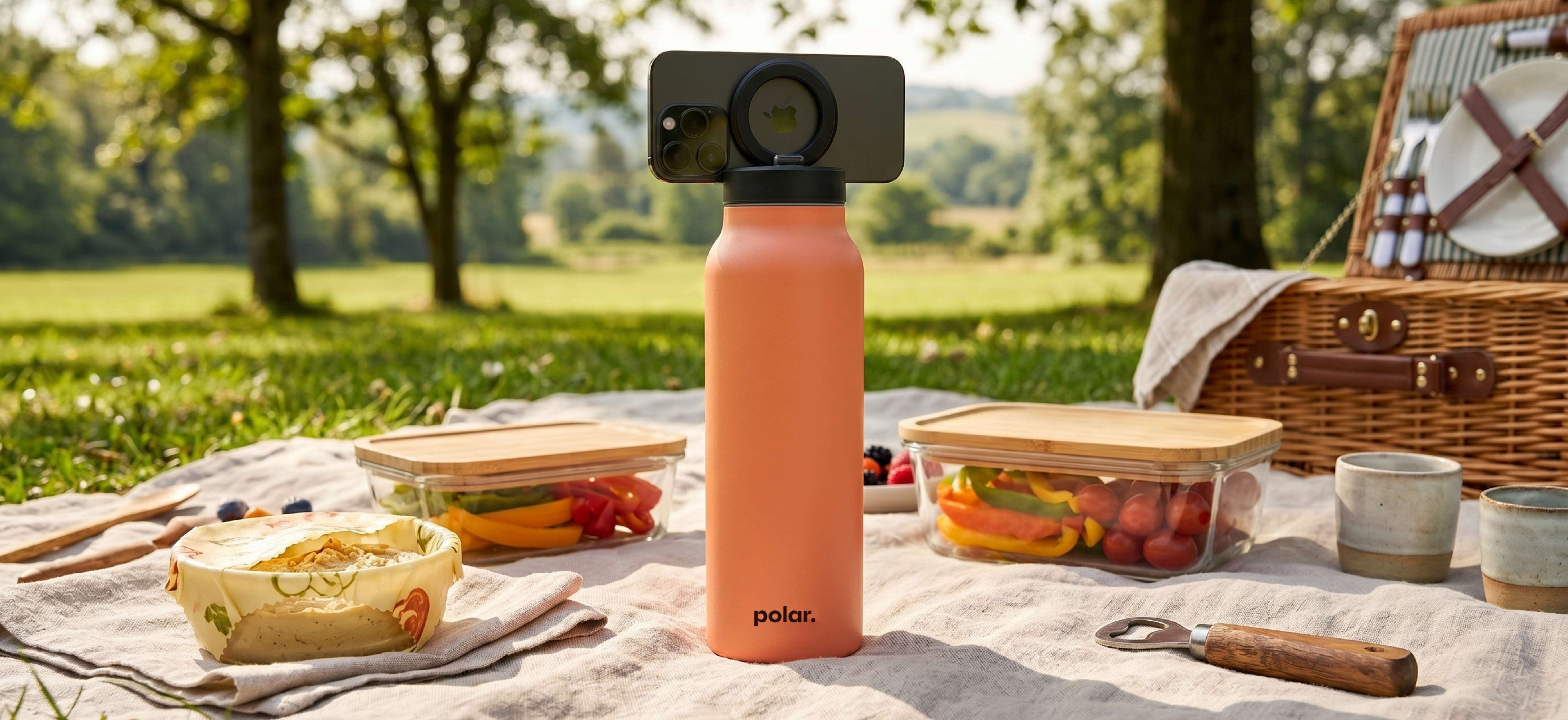 Sundust magnetic water bottle phone stand used as a tripod for hands-free recipes and picnics