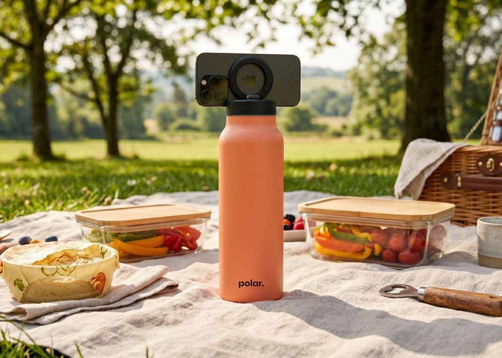 Sundust magnetic water bottle phone stand used as a tripod for hands-free recipes and picnics