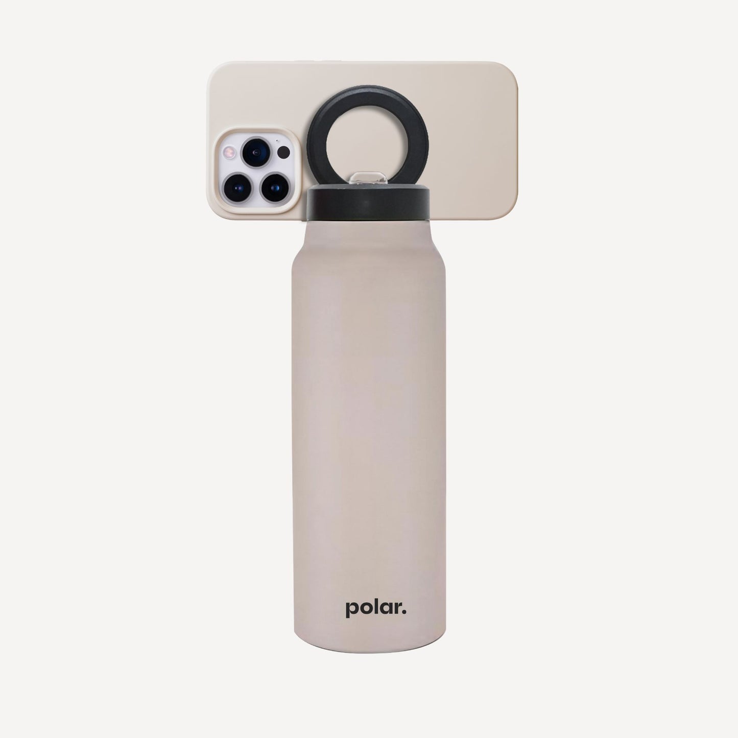 Sand magnetic water bottle with phone mount used as a hands-free stand for viewing content and everyday use