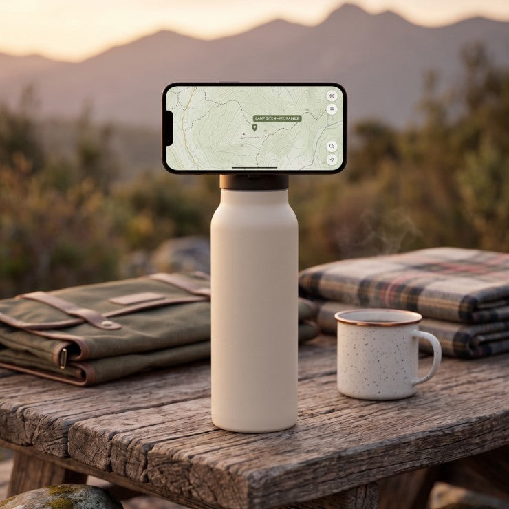 Magnetic water bottle phone stand used outdoors for hands-free video watching during picnics and camping