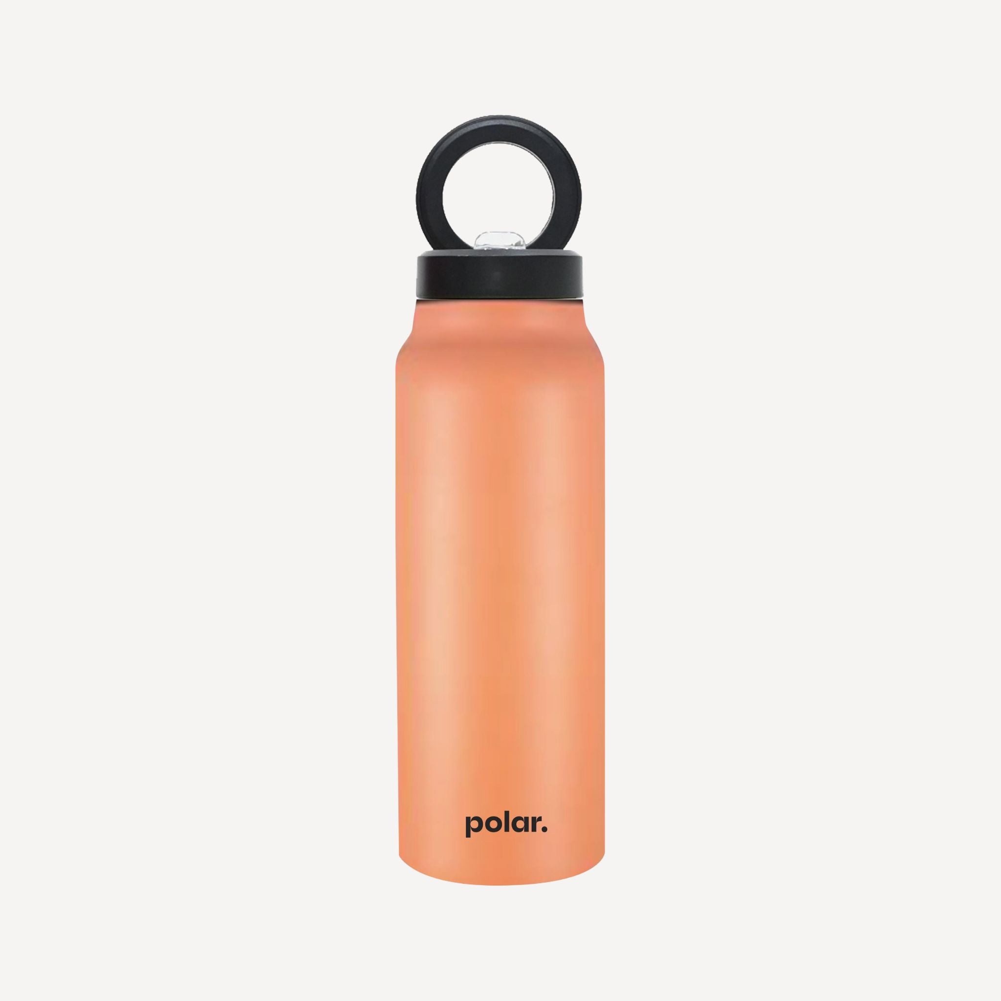 Orange insulated magnetic water bottle with built-in phone mount for hands-free viewing