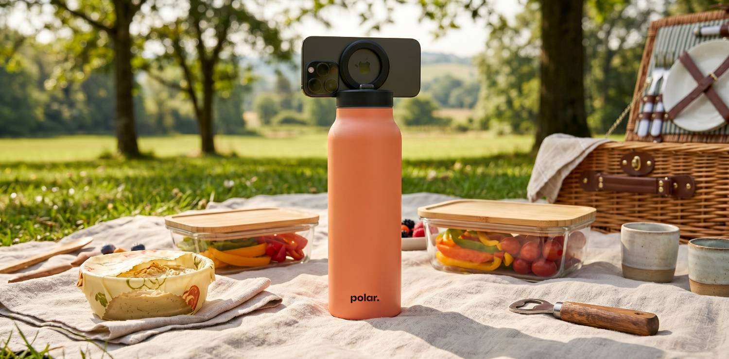 Sundust magnetic water bottle phone stand used as a tripod for hands-free recipes and outdoor dining