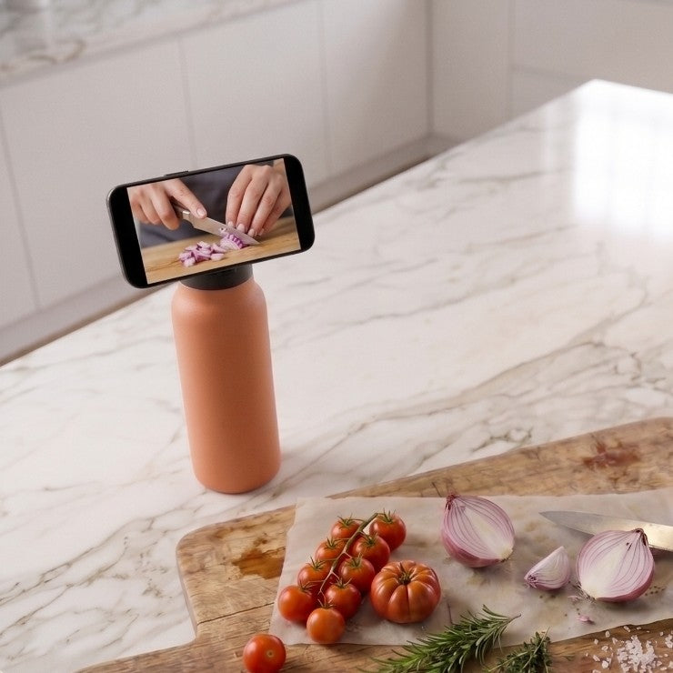 Magnetic water bottle phone holder used as a tripod to follow a cooking recipe hands-free in the kitchen