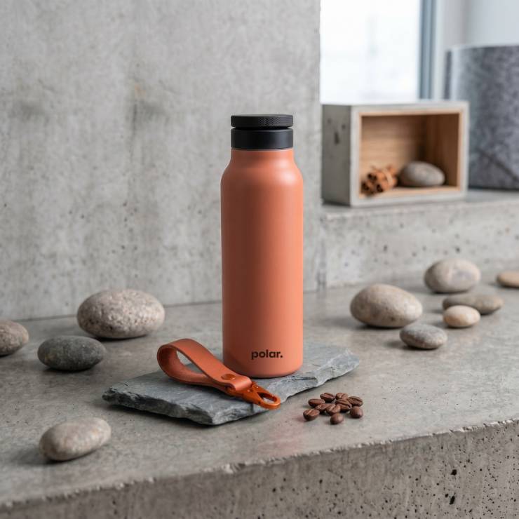 Sundust magnetic water bottle with phone holder styled on stone surface in a calm, modern setting